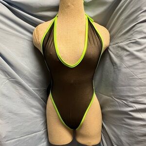 Black Sheer One Piece with Neon Green Accents